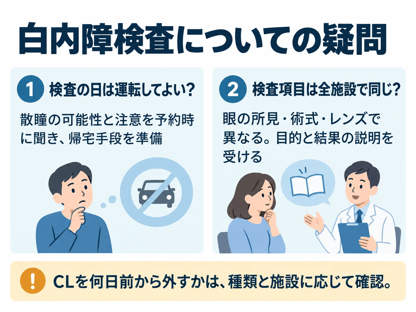白内障検査についての疑問。検査の日は運転してよい?:散瞳の可能性と注意を予約時に聞き、帰宅手段を準備、検査項目は全施設で同じ?:眼の所見・術式・レンズで異なる。目的と結果の説明を受ける