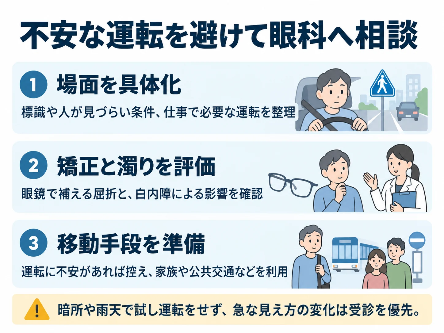 不安な運転を避けて眼科へ相談。場面を具体化:標識や人が見づらい条件、仕事で必要な運転を整理、矯正と濁りを評価:眼鏡で補える屈折と、白内障による影響を確認、移動手段を準備:運転に不安があれば控え、家族や公共交通などを利用