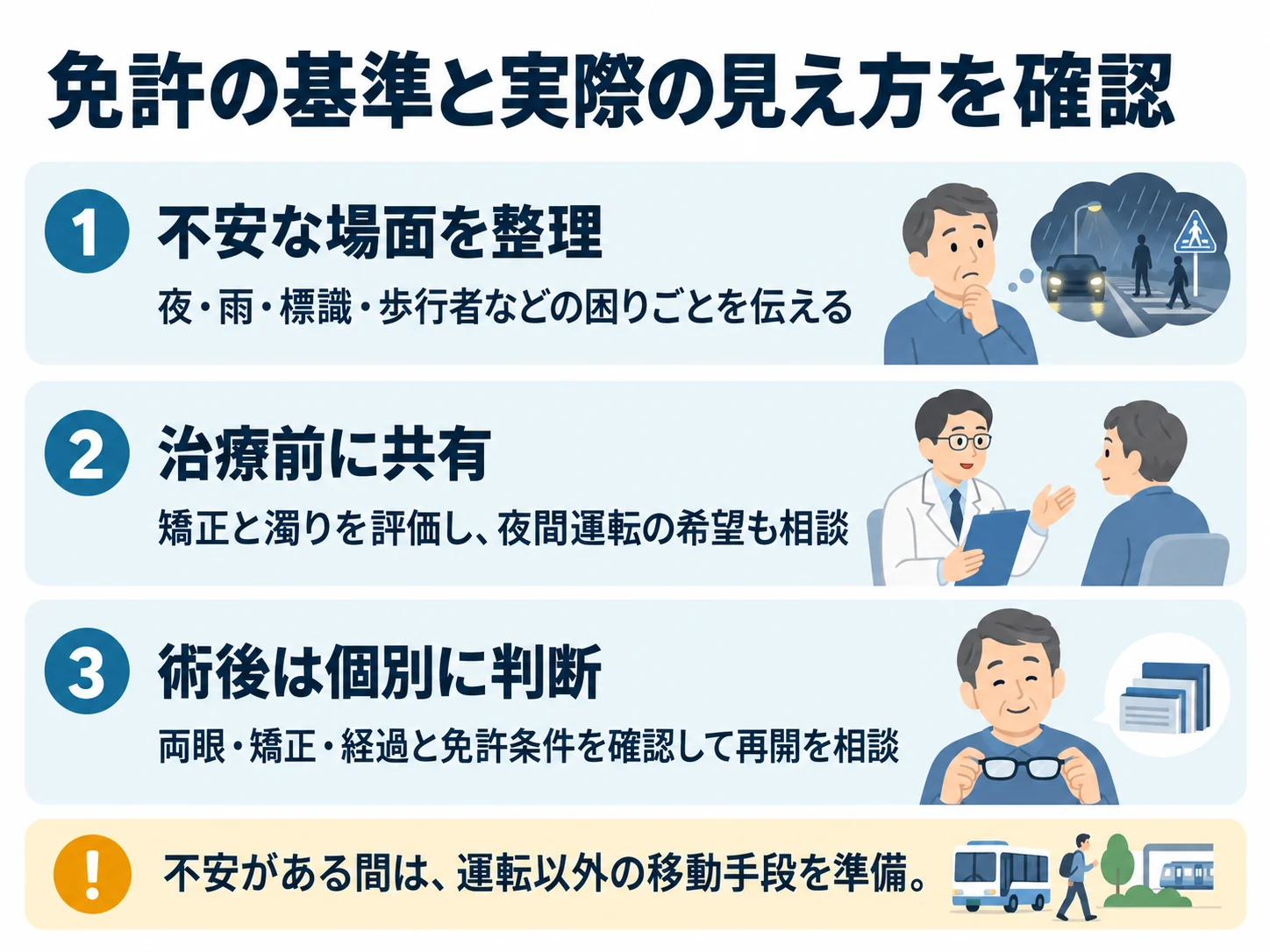 免許の基準と実際の見え方を確認。不安な場面を整理:夜・雨・標識・歩行者などの困りごとを伝える、治療前に共有:矯正と濁りを評価し、夜間運転の希望も相談、術後は個別に判断:両眼・矯正・経過と免許条件を確認して再開を相談