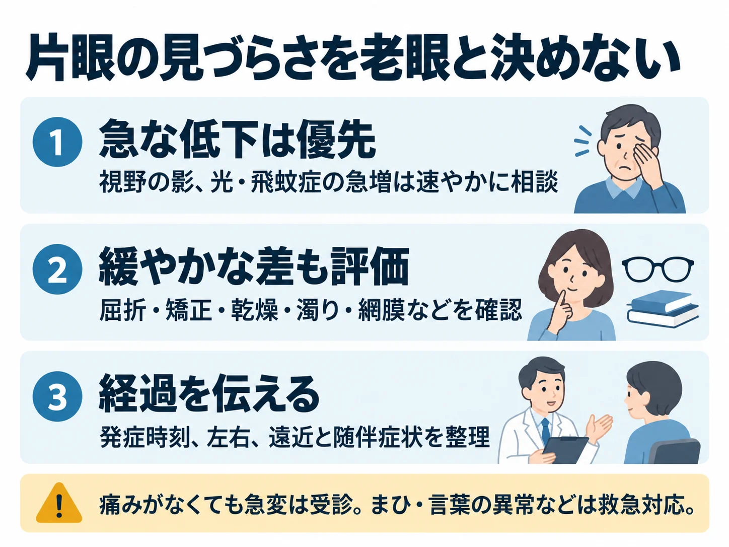 片眼の見づらさを老眼と決めない。急な低下は優先：視野の影、光・飛蚊症の急増は速やかに相談、緩やかな差も評価：屈折・矯正・乾燥・濁り・網膜などを確認、経過を伝える：発症時刻、左右、遠近と随伴症状を整理
