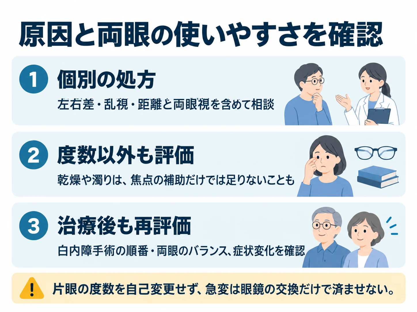 原因と両眼の使いやすさを確認。個別の処方：左右差・乱視・距離と両眼視を含めて相談、度数以外も評価：乾燥や濁りは、焦点の補助だけでは足りないことも、治療後も再評価：白内障手術の順番・両眼のバランス、症状変化を確認