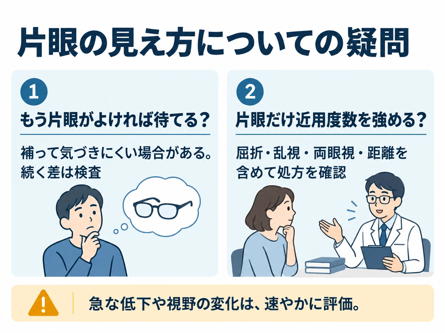 片眼の見え方についての疑問。もう片眼がよければ待てる？：補って気づきにくい場合がある。続く差は検査、片眼だけ近用度数を強める？：屈折・乱視・両眼視・距離を含めて処方を確認
