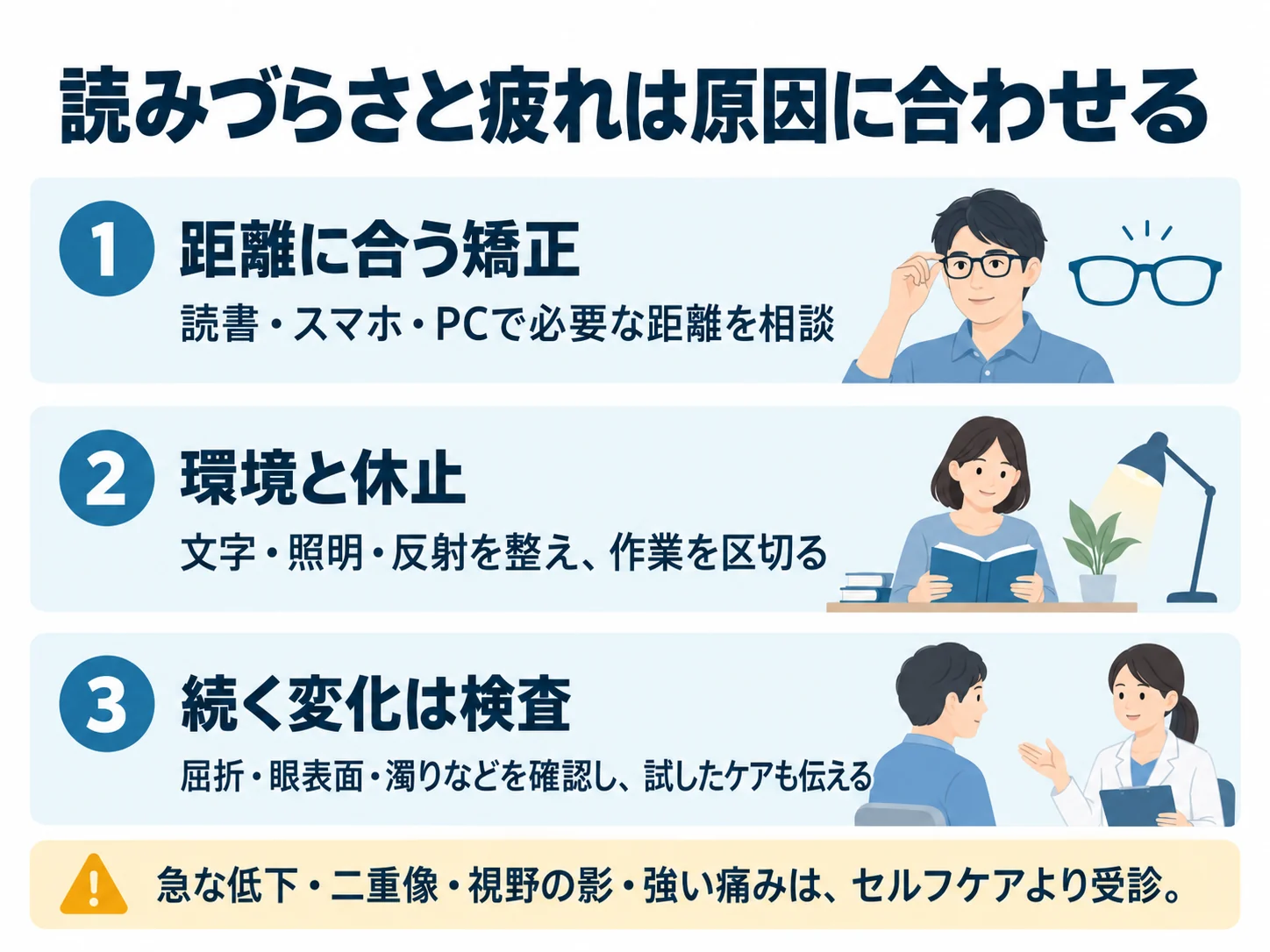読みづらさと疲れは原因に合わせる。距離に合う矯正:読書・スマホ・PCで必要な距離を相談、環境と休止:文字・照明・反射を整え、作業を区切る、続く変化は検査:屈折・眼表面・濁りなどを確認し、試したケアも伝える