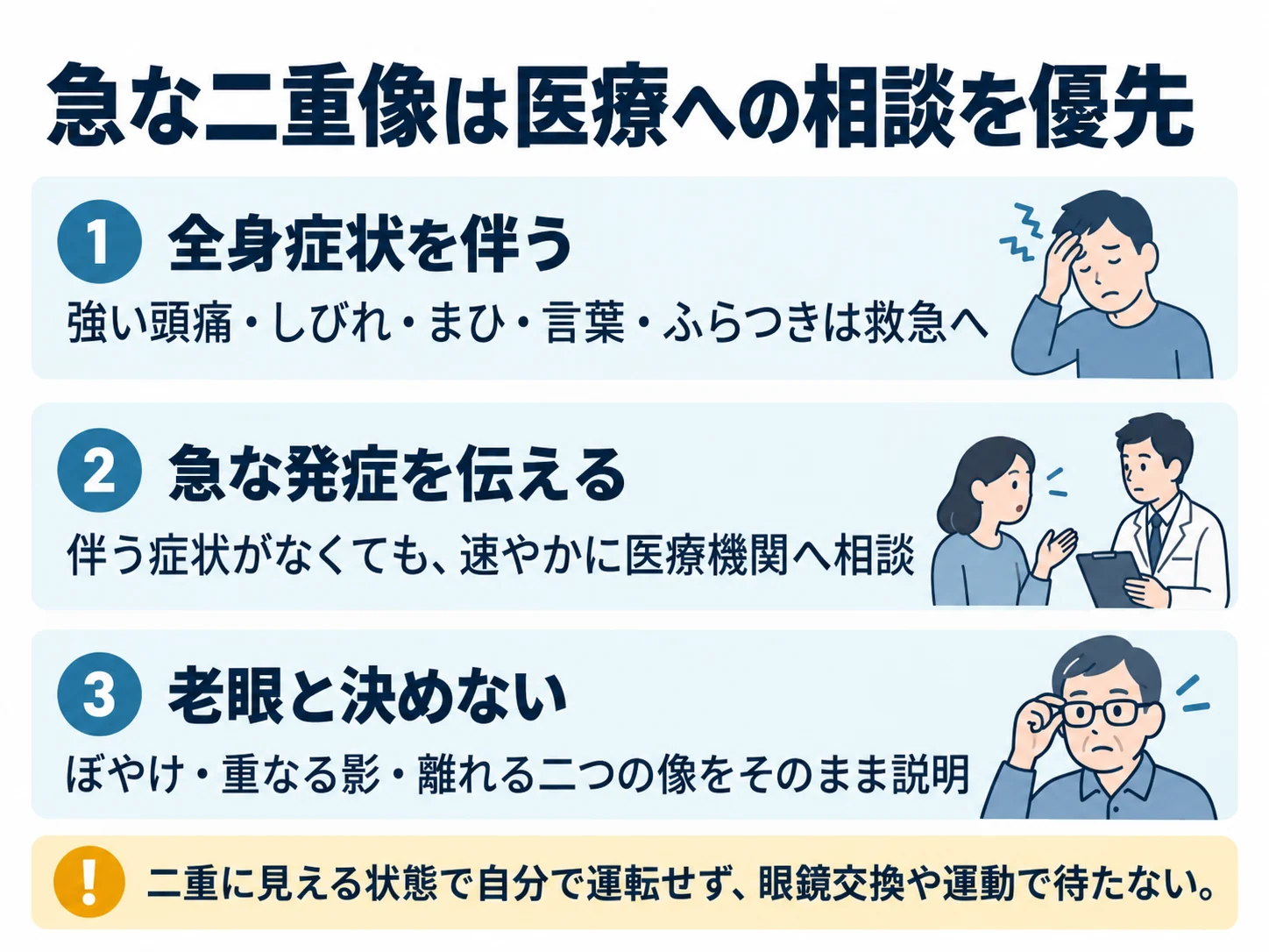 急な二重像は医療への相談を優先。全身症状を伴う：強い頭痛・しびれ・まひ・言葉・ふらつきは救急へ、急な発症を伝える：伴う症状がなくても、速やかに医療機関へ相談、老眼と決めない：ぼやけ・重なる影・離れる二つの像をそのまま説明