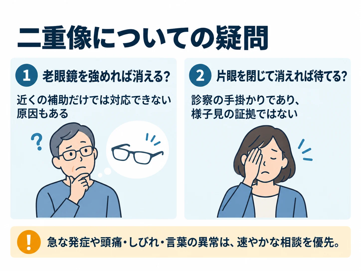 二重像についての疑問。老眼鏡を強めれば消える？：近くの補助だけでは対応できない原因もある、片眼を閉じて消えれば待てる？：診察の手掛かりであり、様子見の証拠ではない