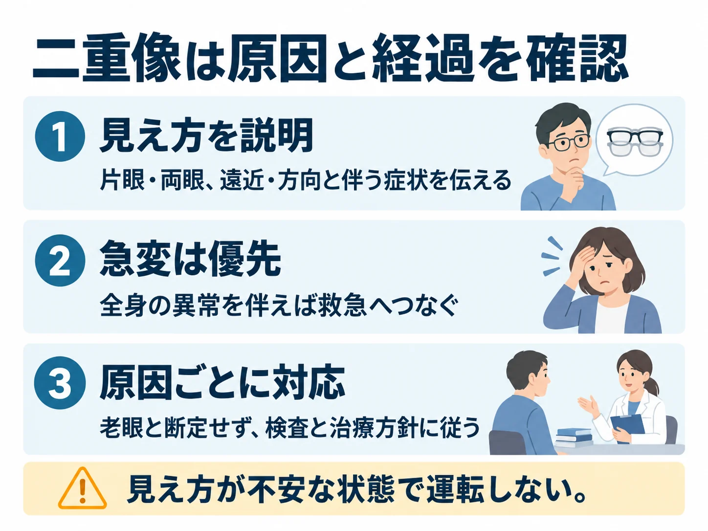 二重像は原因と経過を確認。見え方を説明：片眼・両眼、遠近・方向と伴う症状を伝える、急変は優先：全身の異常を伴えば救急へつなぐ、原因ごとに対応：老眼と断定せず、検査と治療方針に従う